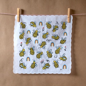 100% cotton handkerchief with scalloped edge with Bees and Rainbows screen print image 1