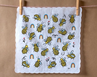 100% cotton handkerchief with scalloped edge with Bees and Rainbows screen print