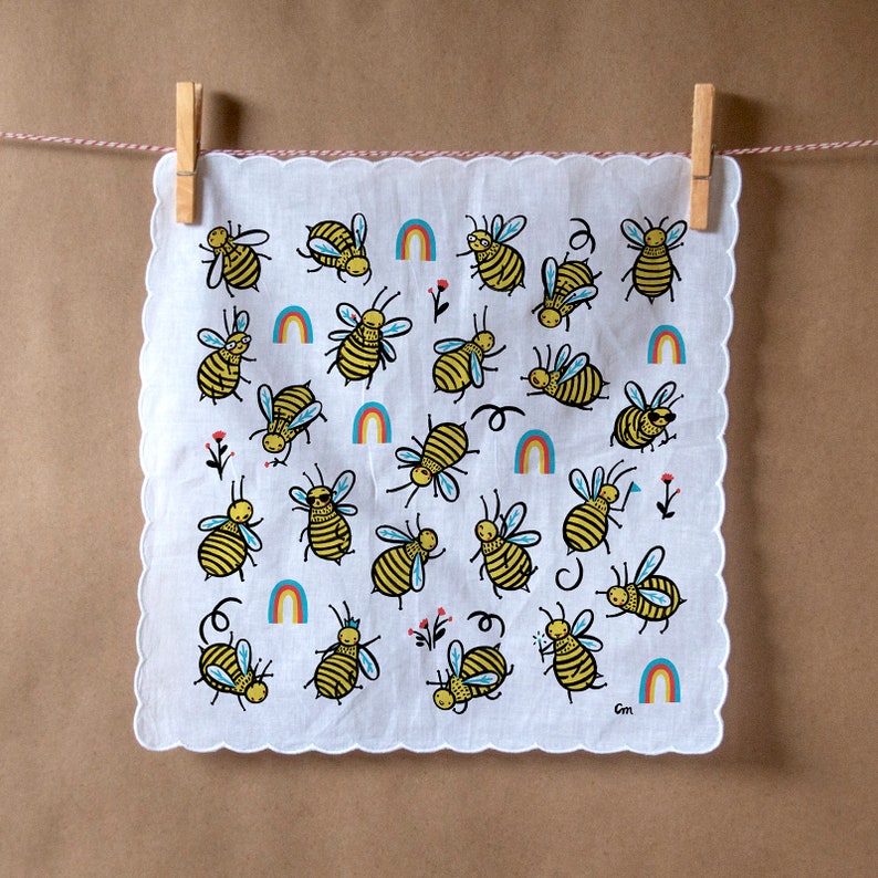 100% cotton handkerchief with scalloped edge with Bees and Rainbows screen print image 1