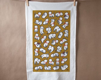 Floating Kittens screen printed flour sack tea towel