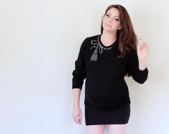 Vintage Angora Knit Top: Beaded Sequin Bow, Black Sweater (Medium)