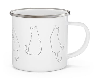 cat lady metal camping mug . hand drawn kitten kitty coffee cup