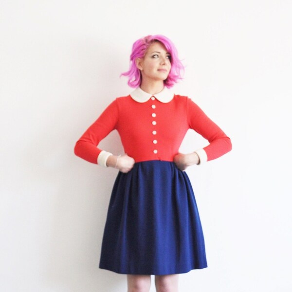mod peter pan collar twiggy dress . red white blue scooter wear .extra small.xs .sale