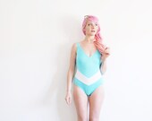 pastel aqua chevron belt swimsuit . color block one piece .small .sale