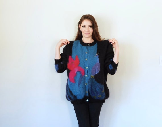 vintage novelty peacock sweater . 1980s knit wool