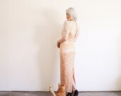 peach beaded trophy wife gown . apricot silver sparkle dress .large .sale