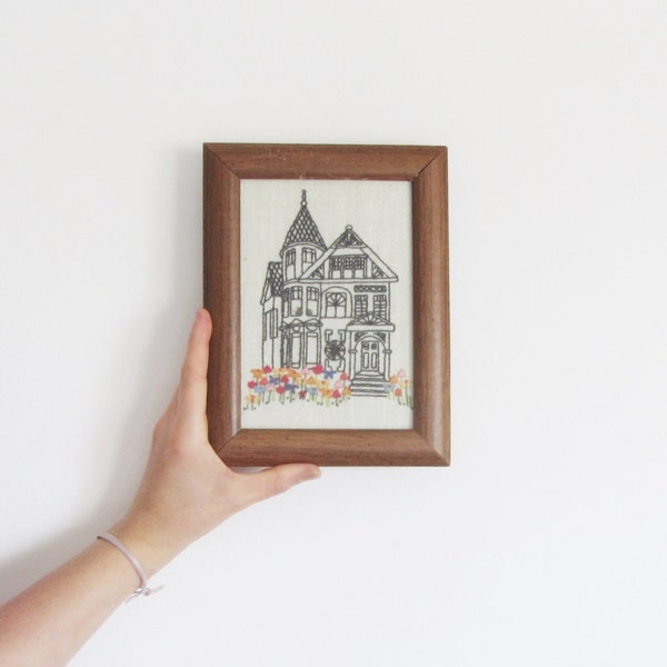 victorian house embroidered art . small 1970 wall decor .sale s a l e