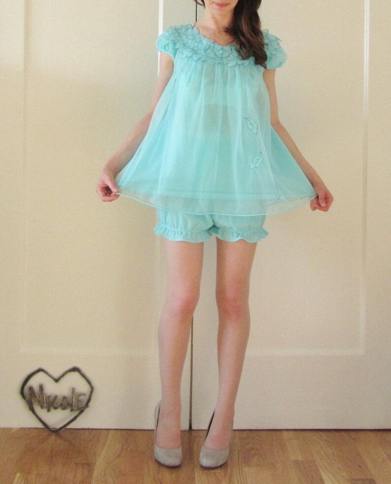 1960 pajama party . mod bloomer chemise set . aqua leaf Etsy
