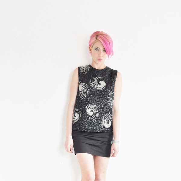 beaded sequin cyclone blouse . mod sparkle typhoon spiral tank .medium .sale