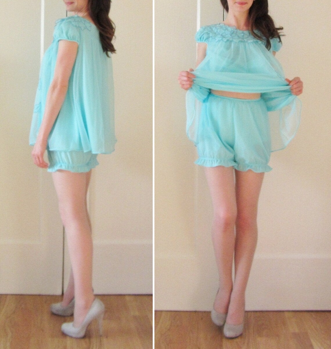 1960 pajama party . mod bloomer chemise set . aqua leaf Etsy