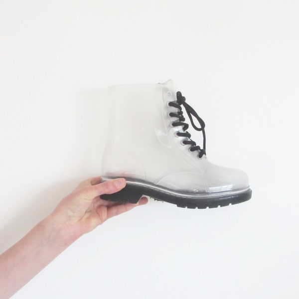 clear rubber lace up boots . 90s grunge see through shoe .size 7W .sale