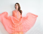 sheer dark peach sequin gown . beaded peter pan collar . glam mod hollywood regency .medium .sale