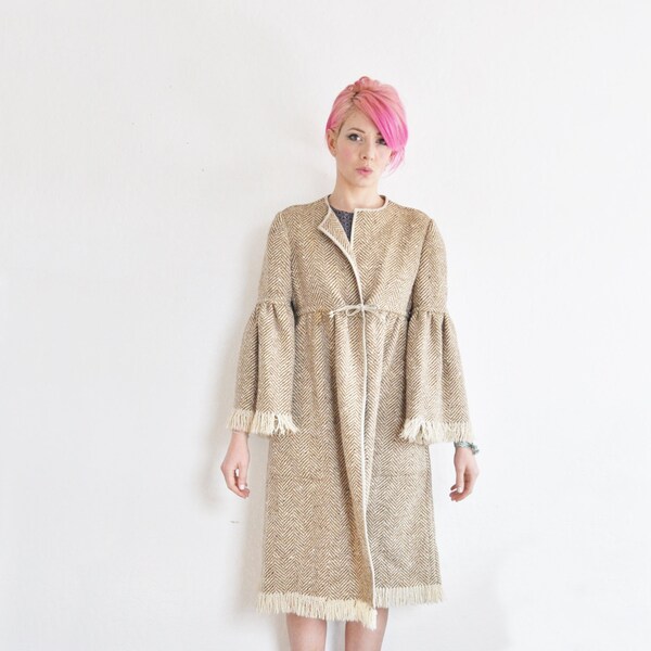 r e s e r v e d boho folk Bonnie Cashin coat . pale taupe herringbone jacket .medium.large .disaster relief