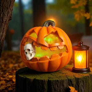 Halloween Pumpkin Ghost Light: Color-Changing LED Resin Skull Ornament