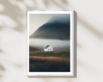 Misty Mountain Cottage Art Print | Scottish Highlands Glencoe Inspired | Art Print , Poster | Home Decor | Scotland Landscape