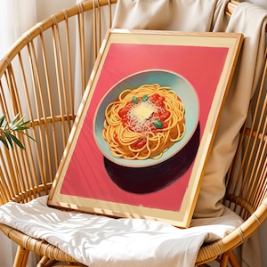 Spaghetti, Pasta Lover Print - Pink Aesthetic Interior Design, Kitchen, apartment, wall Art-Colourful, Food- Oil Painting Style, Italian