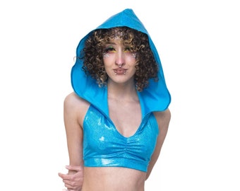 Spandex Neckholder-Oberteil mit Kapuze : Rave Festival Wear