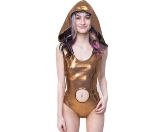 hooded leotard with belly button hole | onesie | hood | halter | festival | chic | rave | clubbing | jumper | retro | doof | go go dance