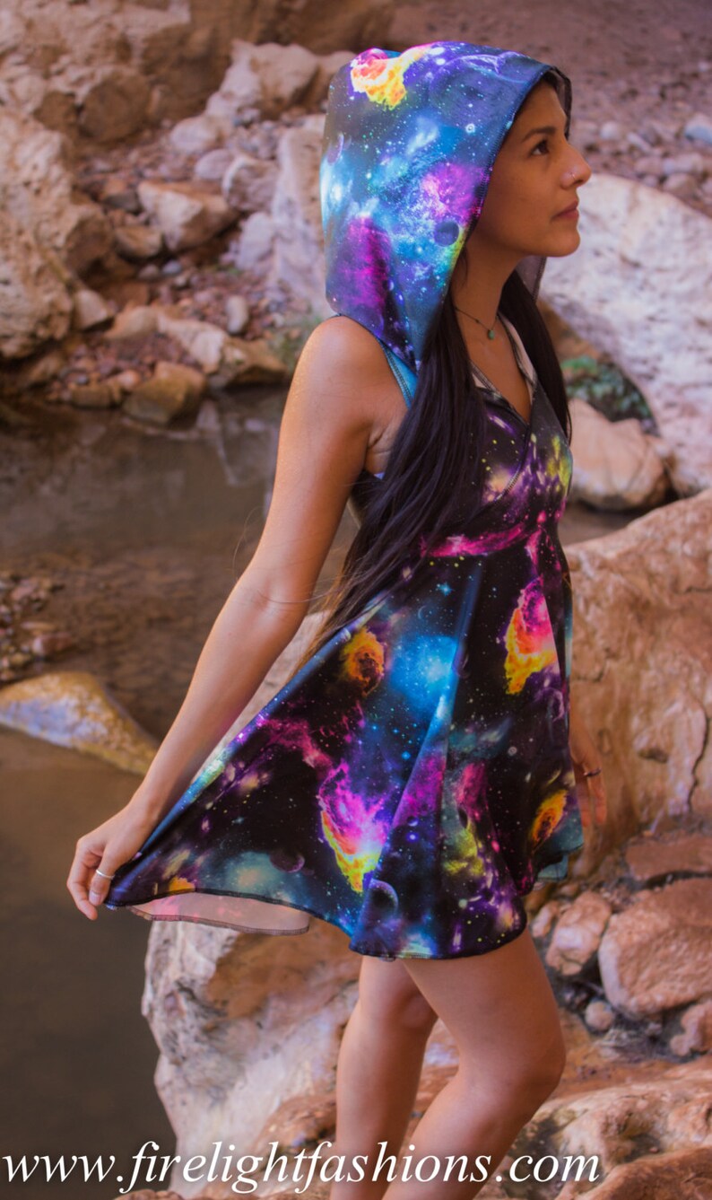 circle dress cross top with hood hoodie fashion rave doof boho womens festival short dress galaxy print hooded with skirt