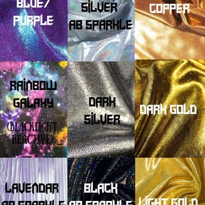 Puede incluir: Un collage de nueve muestras de tela que muestran diferentes colores y acabados. Las muestras incluyen azul/morado, plata clara con brillo AB, cobre, galaxia arco&iacute;ris (reactiva a la luz negra), plata oscura, oro oscuro, lavanda con brillo AB, negro con brillo AB y oro claro.