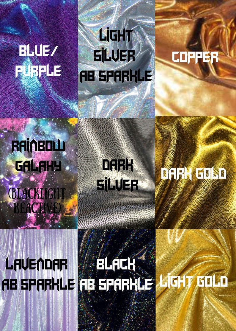 Puede incluir: Un collage de nueve muestras de tela que muestran diferentes colores y acabados. Las muestras incluyen azul/morado, plata clara con brillo AB, cobre, galaxia arco&iacute;ris (reactiva a la luz negra), plata oscura, oro oscuro, lavanda con brillo AB, negro con brillo AB y oro claro.