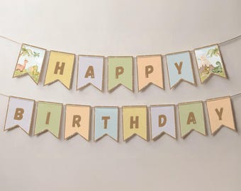 Guirlanda de aniversário com dinossauros em aquarela, faixa de feliz aniversário, modelo editável do Canva