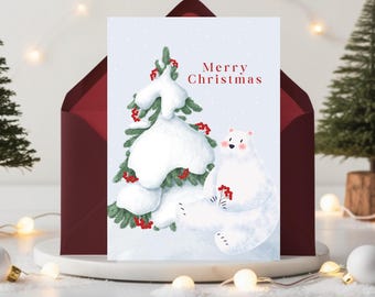 Tarjeta navideña digital, linda tarjeta con osito de peluche, tarjetas navideñas imprimibles, tarjetas de felicitación, tarjetas festivas, descarga digital