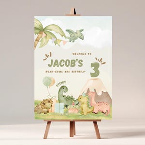 Letrero de bienvenida de feliz cumpleaños de dinosaurio / Letrero de entrada para fiesta de dinosaurios editable e imprimible / Decoración para fiesta temática de dinosaurios / Canva editable