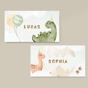 Cartões de aniversário com nome de dinossauro | Cartões de lugar com tema de dinossauro para festa de aniversário infantil | Decoração de mesa de comida | Cartões de lugar para convidados | (NÃO DOBRADO)