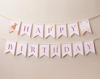 Editable Pink Birthday Banner | Wonderland Floral Party Decor (Instant Download)