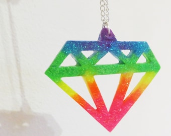 Neon glitter rainbow diamond shape necklace