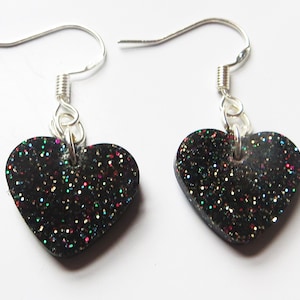 Small black glitter heart earrings