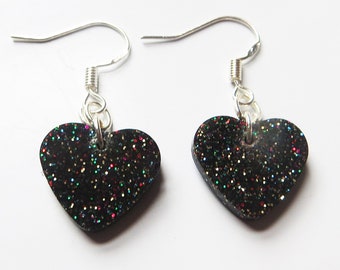 Small black glitter heart earrings