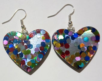 Multi coloured glitter shimmer hearts earrings