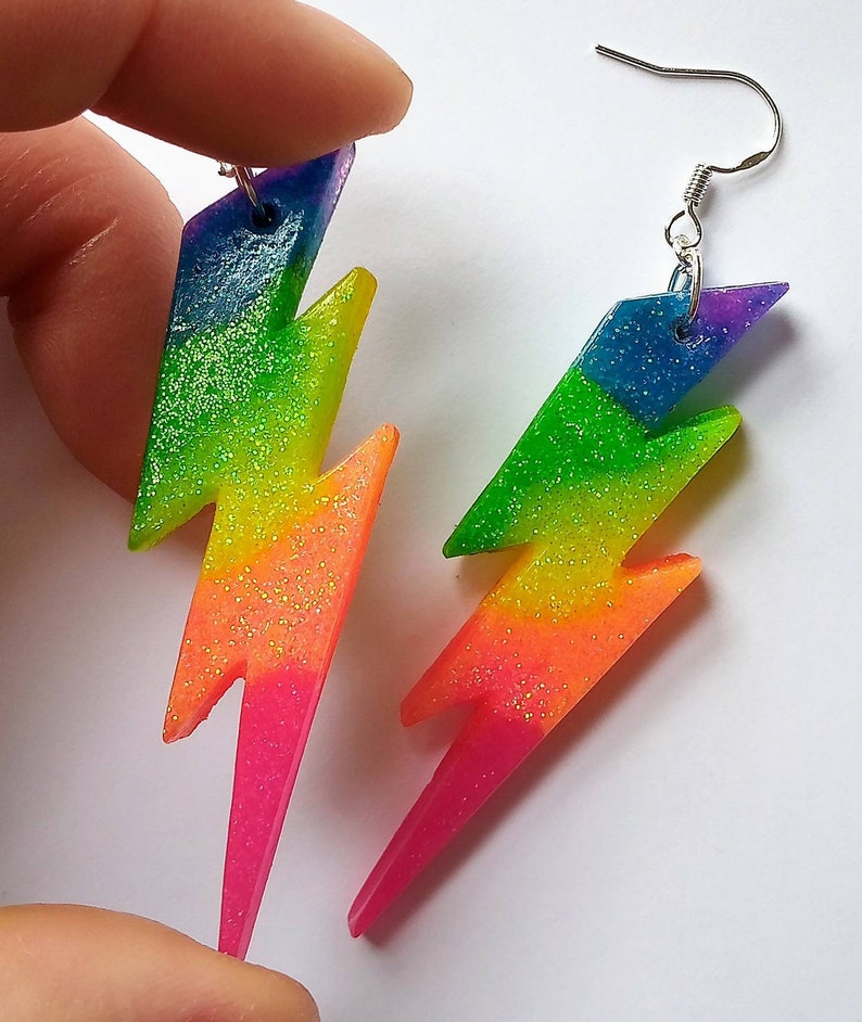 Neon rainbow glitter lightning flash earrings image 2