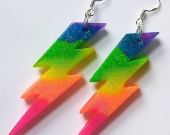 Neon rainbow glitter lightning flash earrings