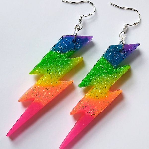 Neon rainbow glitter lightning flash earrings