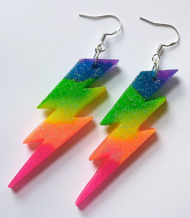 Neon rainbow glitter lightning flash earrings image 1
