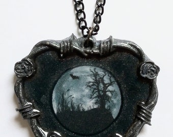 Gothic scene bat with full moon barb wire heart necklace