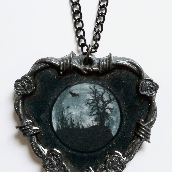Gothic scene bat with full moon barb wire heart necklace