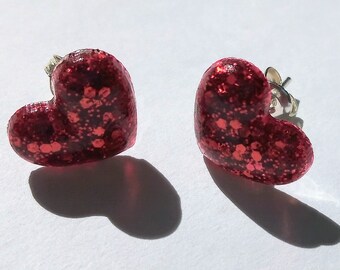 Red glitter sparkle heart stud earrings