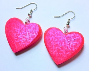 Hot pink sparkle hearts earrings
