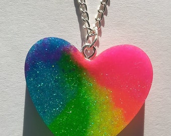 Neon glitter rainbow heart shape necklace