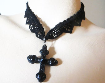 Gothic style cross on black lace choker