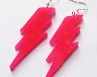 Hot pink glitter lightning flash earrings