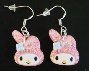 Glitter pink kawaii bunny head earrings