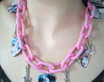 Anime girls guitar picks pink chain necklace
