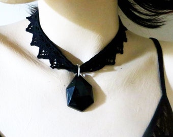Gothic lolita black lace chocker with gemstone shape pendant