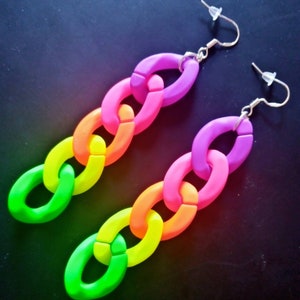 Rainbow chain earrings, neon UV glow bright colours