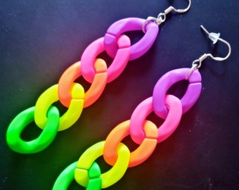 Rainbow chain earrings, UV glow bright bold colours